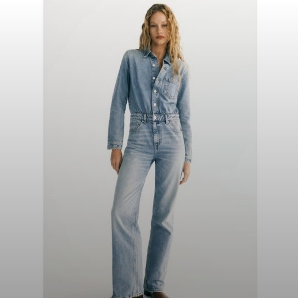 ZARA Z1975 Light Blue Denim Long Sleeve Jumpsuit